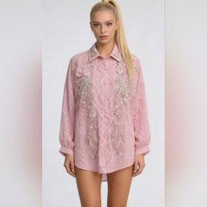 Embellished Pink Beaded Button-Up Blouse